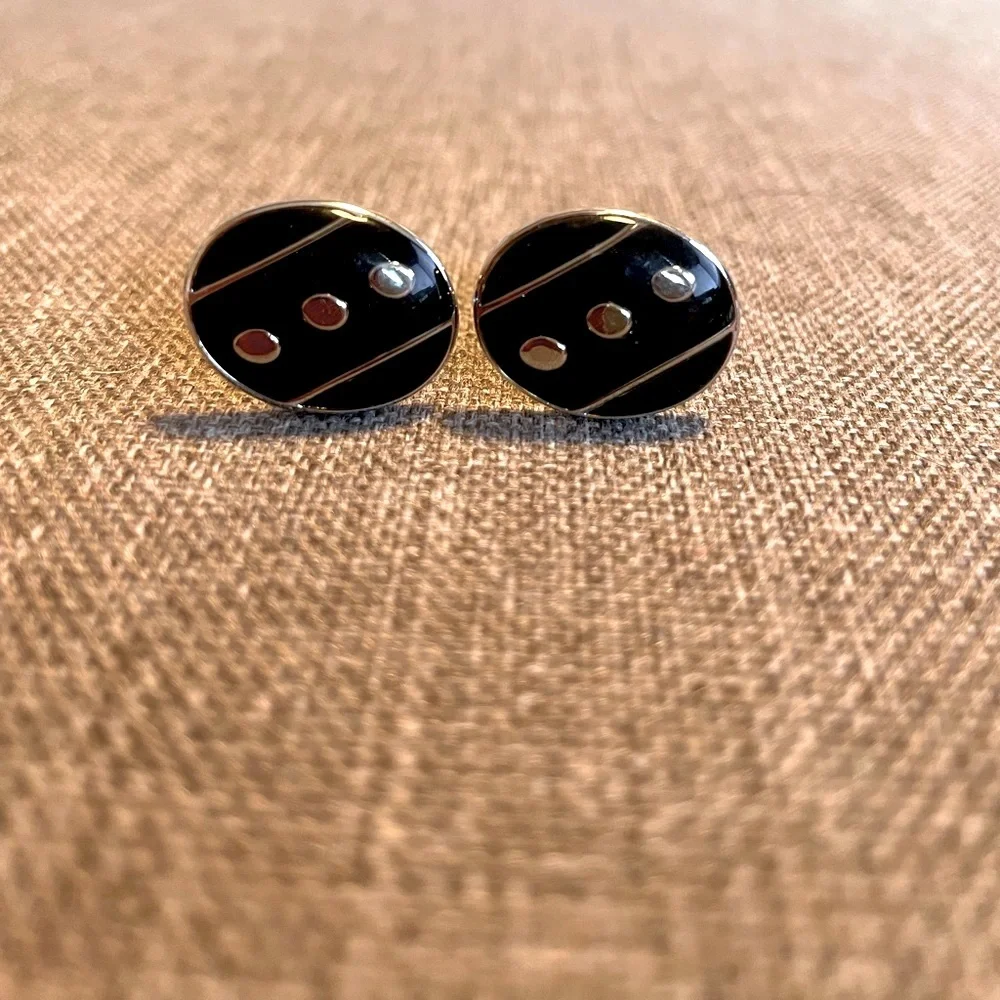 Black Oval Enamel Cufflinks w “Dot” Pattern Silver & Black! Stocking Stuffer!